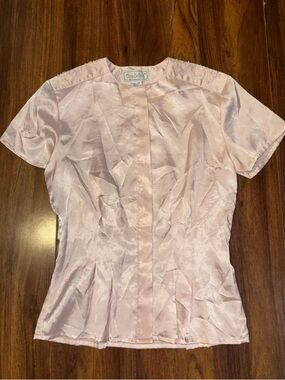 Soft Pink Satin Short-Sleeve Blouse